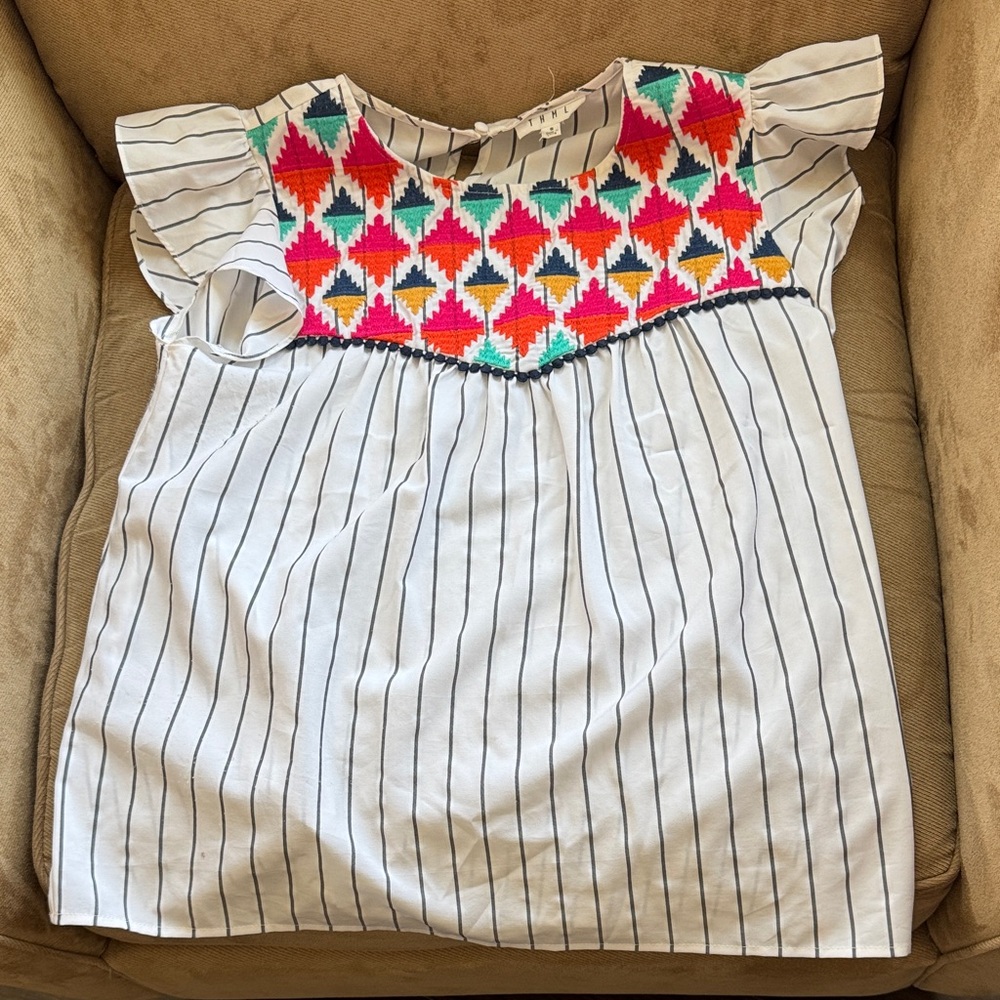 THML White Striped Blouse with Multicolor Embroidered Yoke